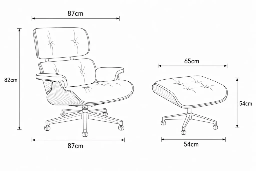 Eames Lounge Chair and Ottoman Dimensions - 87x87x82cm Chair, 65x54x54cm Ottoman | Sederica