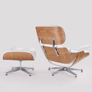 Back view of the white Eames lounge chair and ottoman, ash wood shell and chrome base