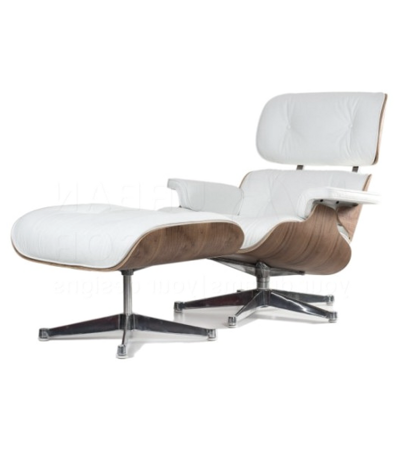 Eames lounge chair replica white with walnut veneer shell, matching ottoman and polished chrome 5-star base