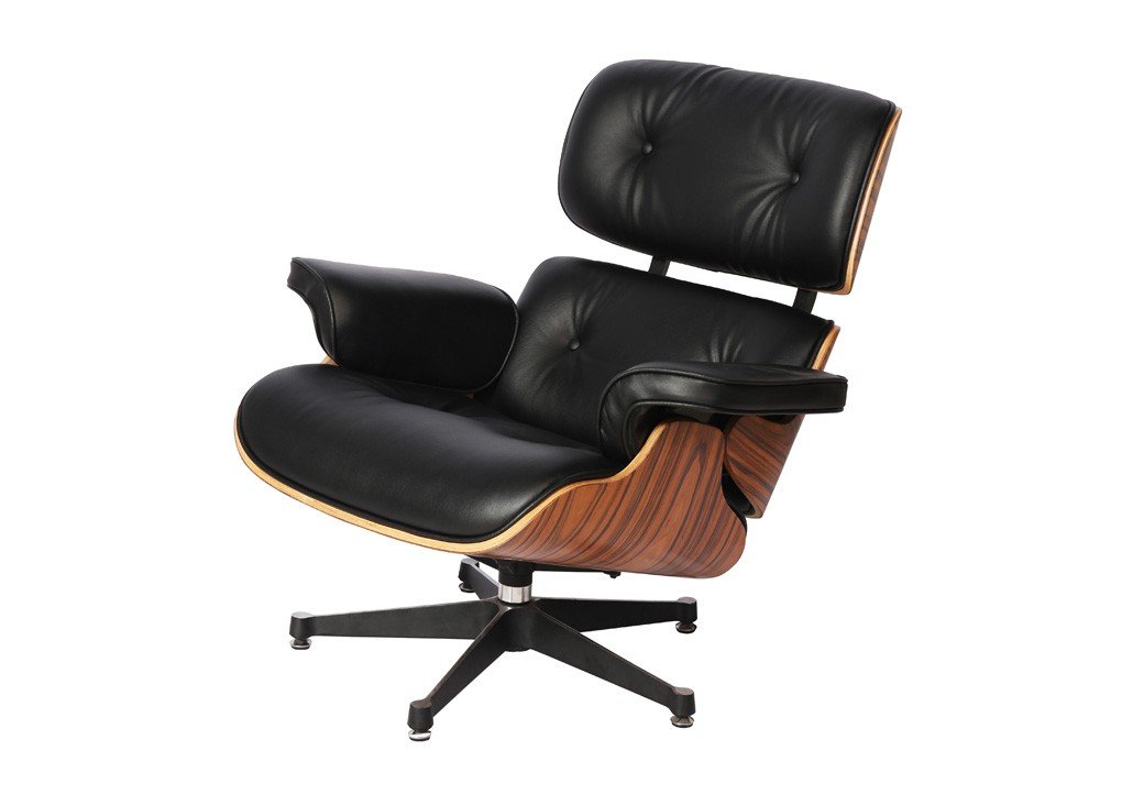 Eames lounge chair in black leather with a rosewood shell on an elephant base, front view.