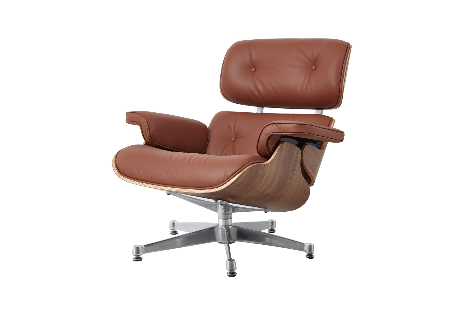 Eames Lounge Chair Tan Leather on a polished chrome base, set together in a modern interior.