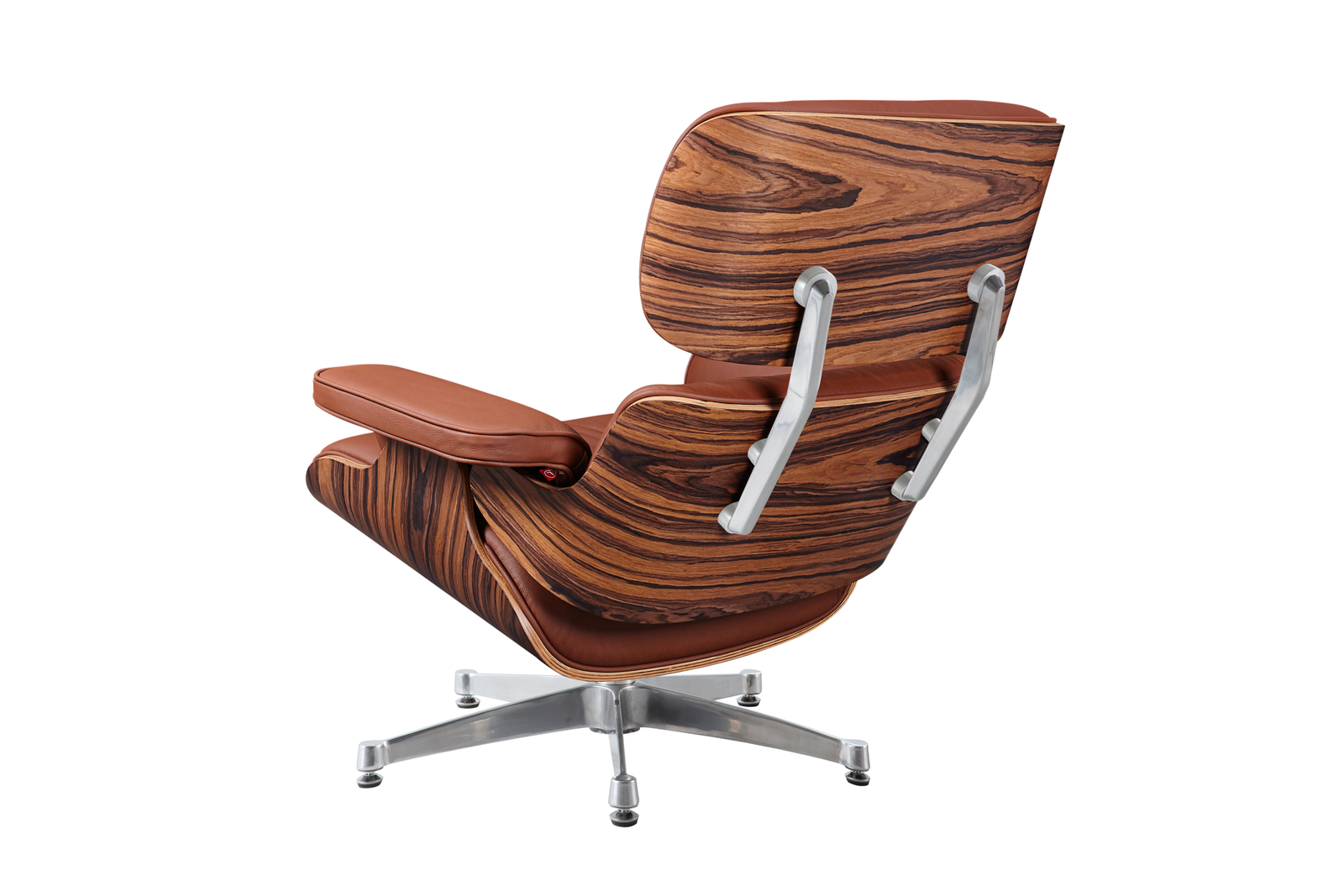 Tan Eames lounge chair in rosewood with a chrome base, side view showing the recline angle.