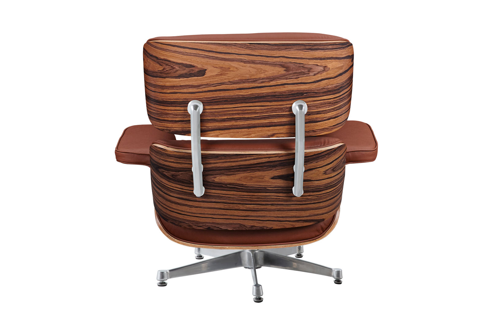Rosewood veneer shell of a tan Eames lounge chair, deep palisander grain beside the chrome frame.