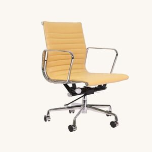 Camel tan Eames management chair in ribbed leather on a chrome five-star base, front view.