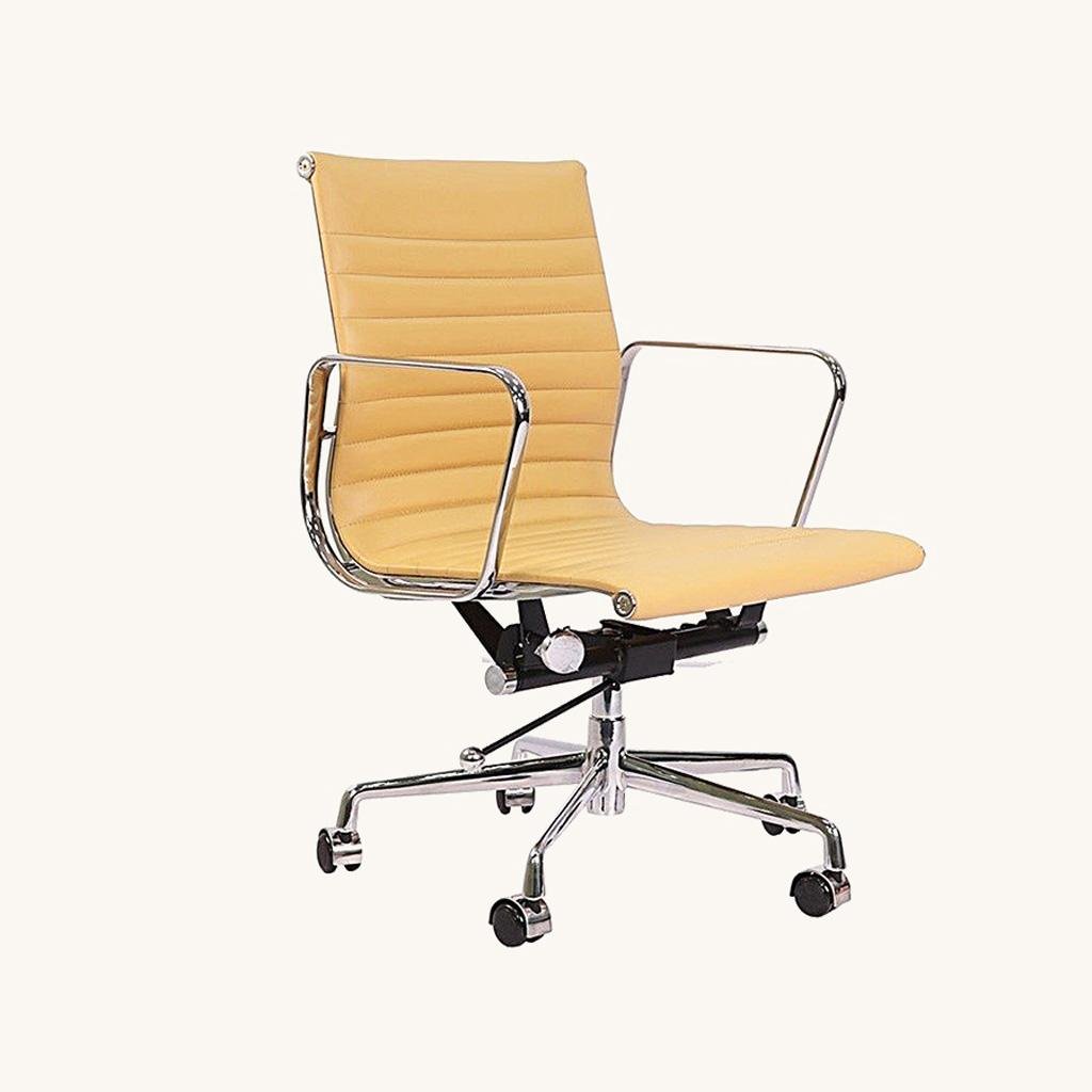 Camel tan Eames management chair in ribbed leather on a chrome five-star base, front view.