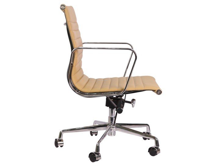Eames management office chair in camel tan seen from the side, ribbed low-back panels.