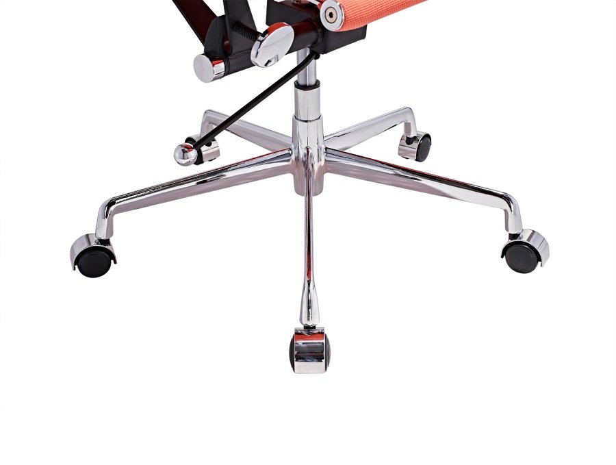 Chrome five-star base and castors of an orange Eames mesh chair with gas-lift.