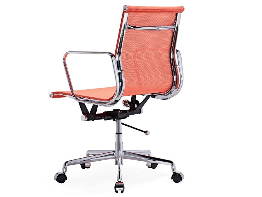 Orange Eames mesh office chair at an angle, taut mesh seat and low-back on chrome.