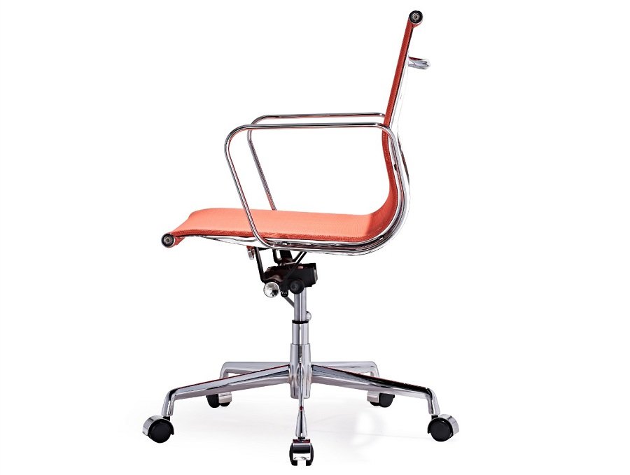 Eames mesh office chair replica in orange seen from the side, breathable low-back panel.