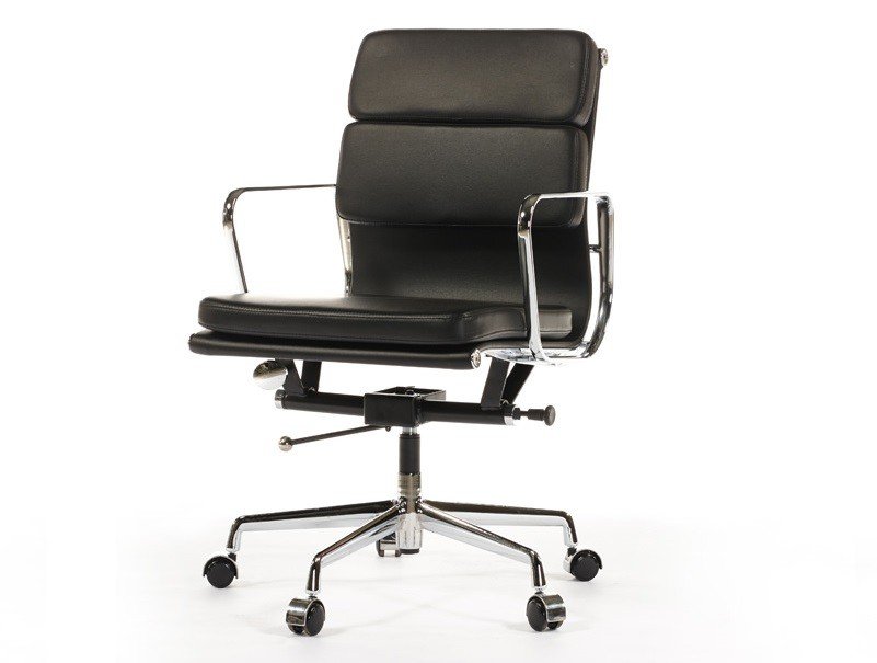 Black Eames soft pad office chair in leather with a polished chrome frame and five-star base, front view.