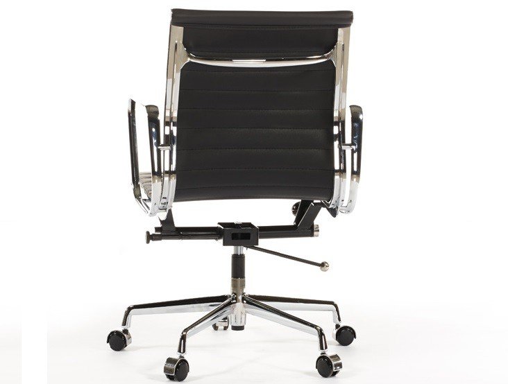 Eames ribbed office chair EA117 at an angle, slim black leather ribs on a chrome frame.