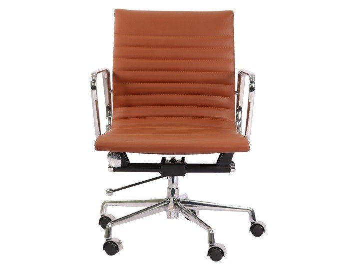 Close-up of the ribbed tan leather on an Eames office chair, stitched horizontal channels.