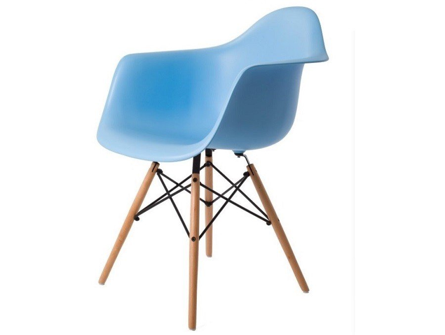 Close-up of the light blue shell and integrated arms on an Eames plastic armchair DAW replica.