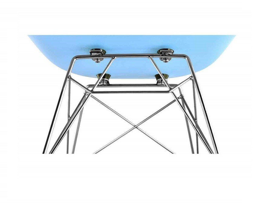 Polished chrome Eiffel wire base of a light blue Eames RAR rocking chair,