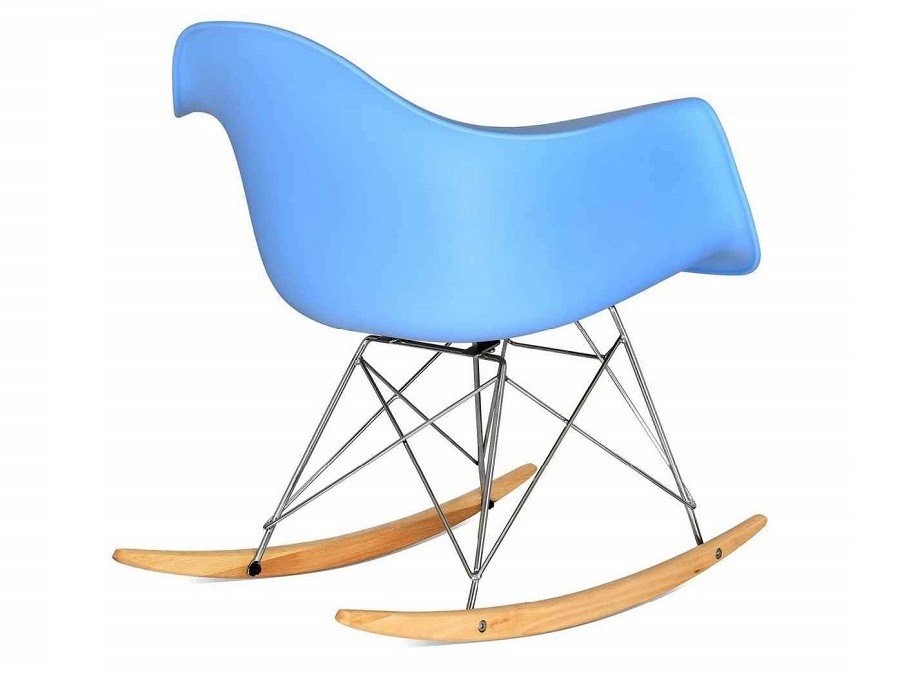 Eames RAR rocking chair replica in light blue at an angle, arms moulded into the shell on chrome.
