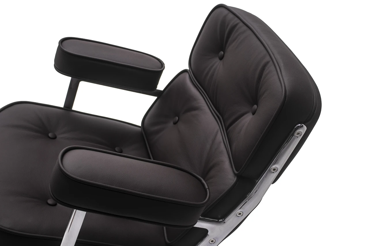 Eames replica executive leather office chair in dark brown seen from the side, stacked cushions.
