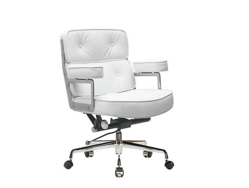 Polished chrome armrest of a white Eames replica executive office chair, aluminium arm.