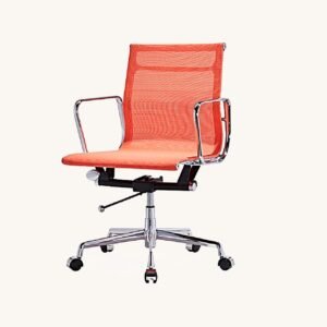 Orange Eames replica mesh office chair with a breathable weave on a chrome base, front view.