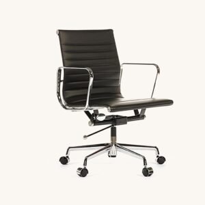 Black Eames ribbed office chair in thin-pad leather on a chrome five-star base, front view.