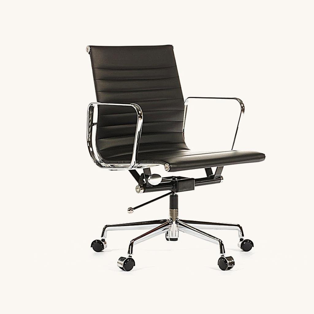 Black Eames ribbed office chair in thin-pad leather on a chrome five-star base, front view.