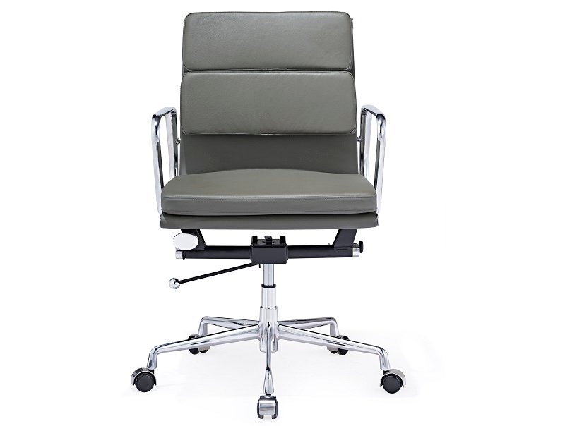 Dark grey Eames soft pad chair replica in leather on a chrome five-star base, front view.