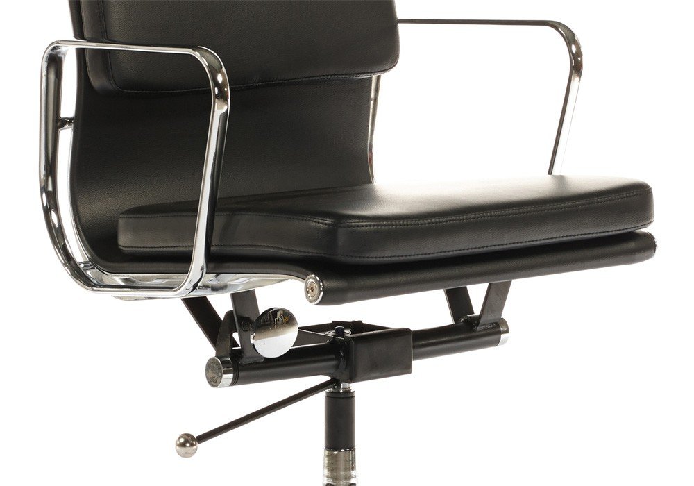 Polished chrome armrest of a black Eames soft pad office chair, curved aluminium arm.