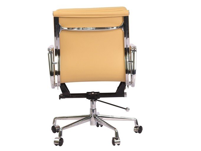 Polished chrome armrest of a camel Eames soft pad office chair, curved aluminium arm.