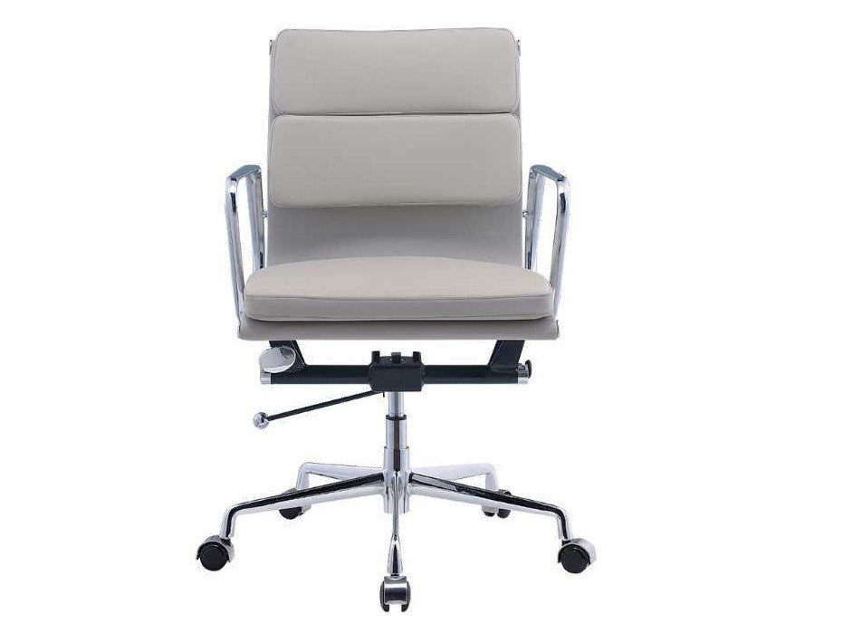 Close-up of soft-pad cushions on a light grey Eames office chair, welted leather panels.