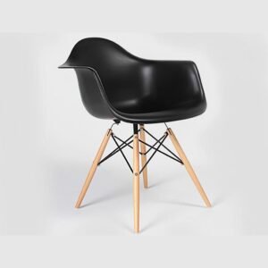 Eames style DAW armchair in black, moulded shell with arms on beech dowel legs, set of 2, front view.