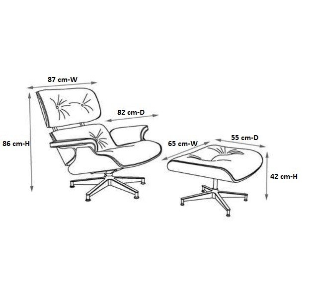 Eames style lounge chair and ottoman dimensions, chair 87 × 87 × 82 cm, ottoman 65 × 54 × 54 cm.