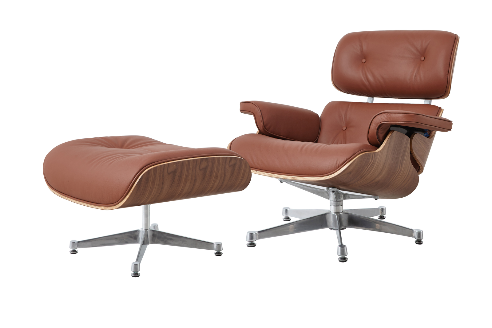 Tan Eames style lounge chair and ottoman with a walnut shell and chrome base, shown from the front.