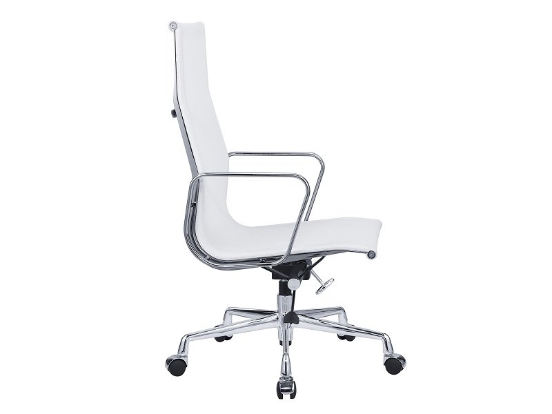 Eames style high back mesh office chair in white at an angle, tall mesh panel on chrome.