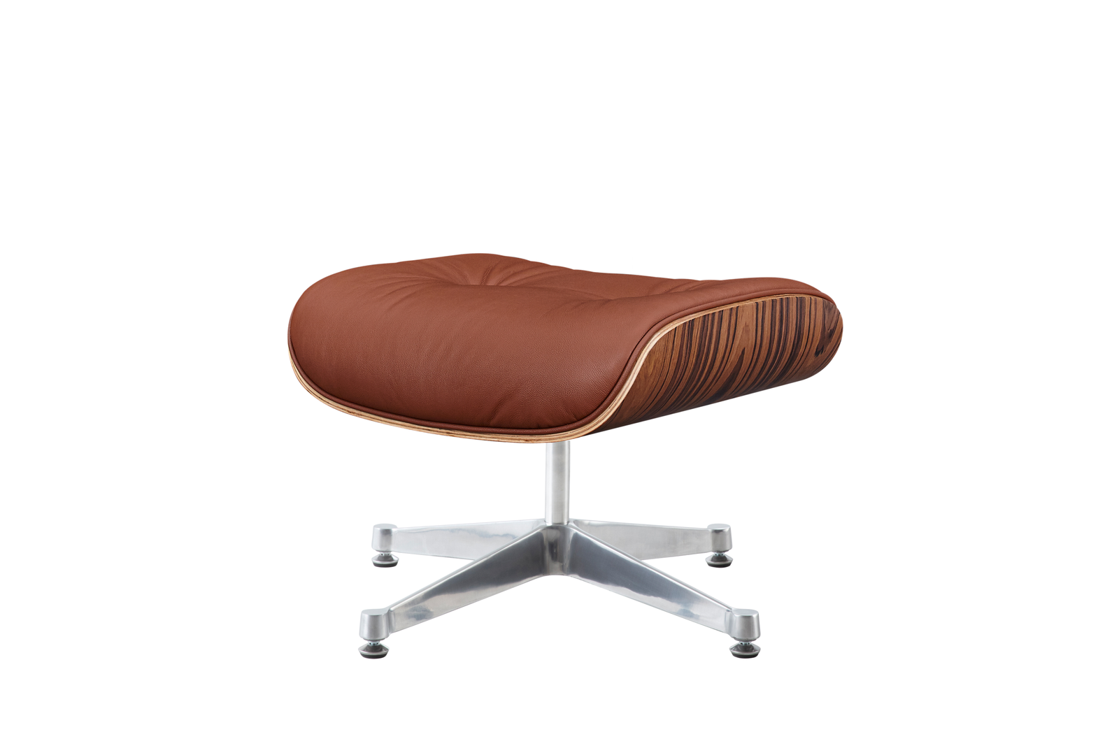 Tan Eames style ottoman on a chrome base, rosewood front