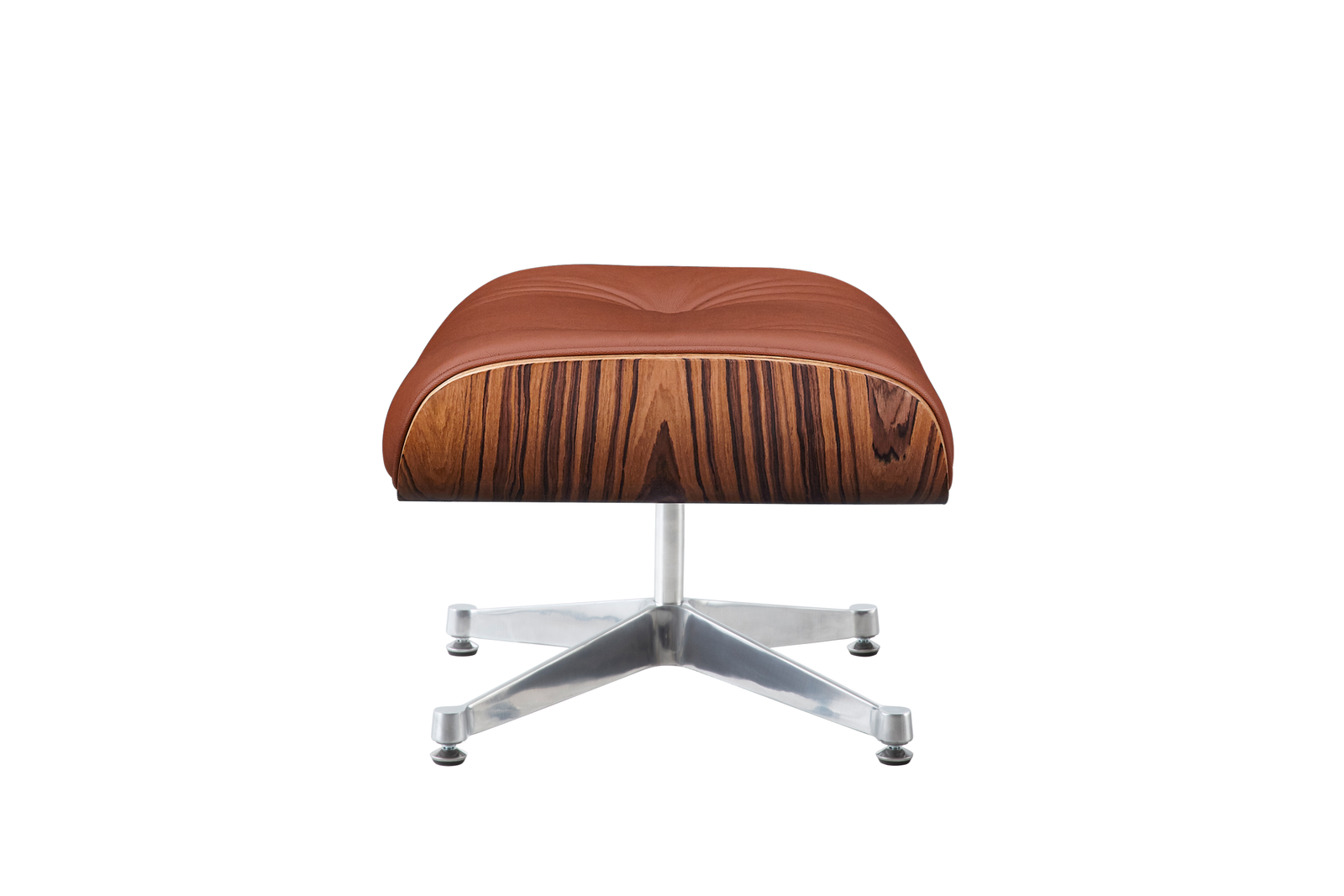 Tan Eames style ottoman on a chrome base, rosewood side