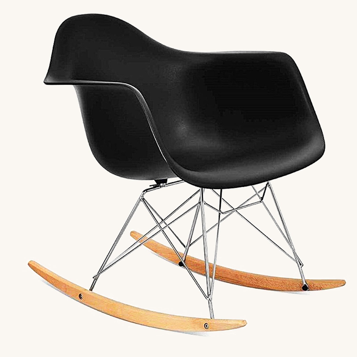 Eames style RAR rocking chair replica in black, front view on chrome wire base