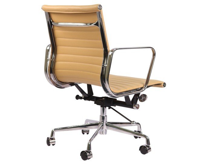 Eames style ribbed office chair in camel tan at an angle, slim leather ribs on chrome.