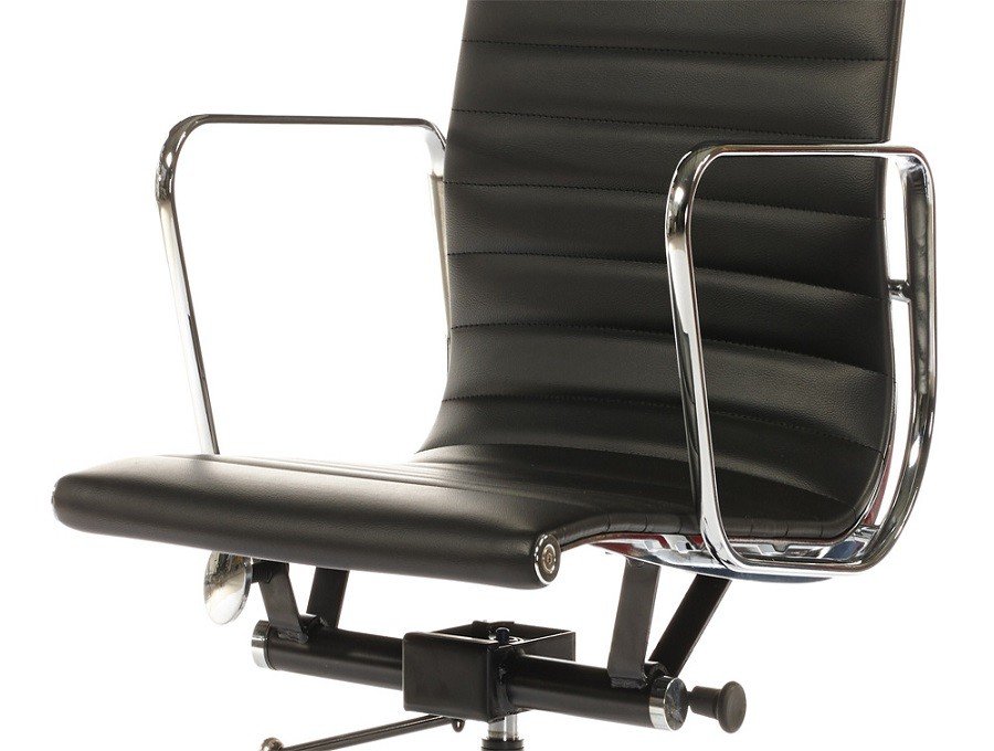 Polished chrome armrest of a black Eames thin pad chair, curved aluminium arm.