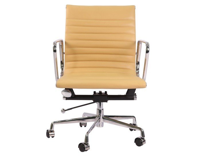 Polished chrome armrest of a camel tan Eames thin pad chair, curved aluminium arm.