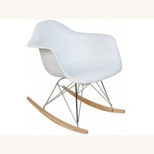 White Eames rocking chair with a moulded shell, chrome Eiffel base and maple rockers, front view.