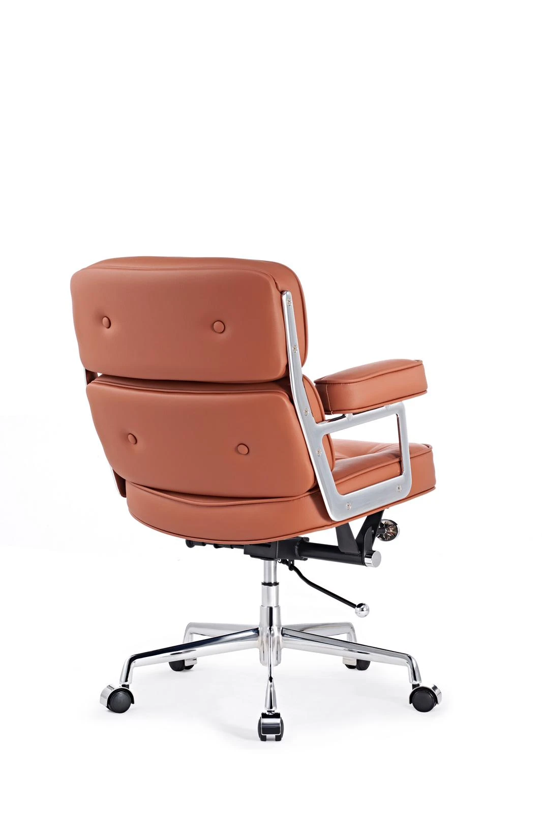 ES104 office chair in tan brown seen from the side, three stacked tufted leather cushions.