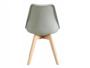Grey tulip chair with a moulded shell and padded seat on solid wood legs, set of 2, back view.