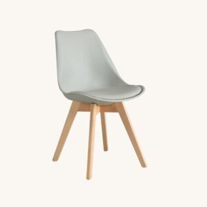 Grey tulip chair with a moulded shell and padded seat on solid wood legs, set of 2, front view.