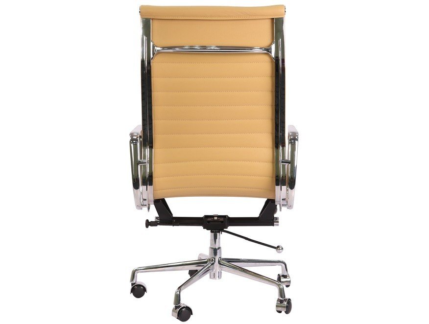 Polished chrome armrest of a camel high-back ribbed leather office chair, aluminium arm.