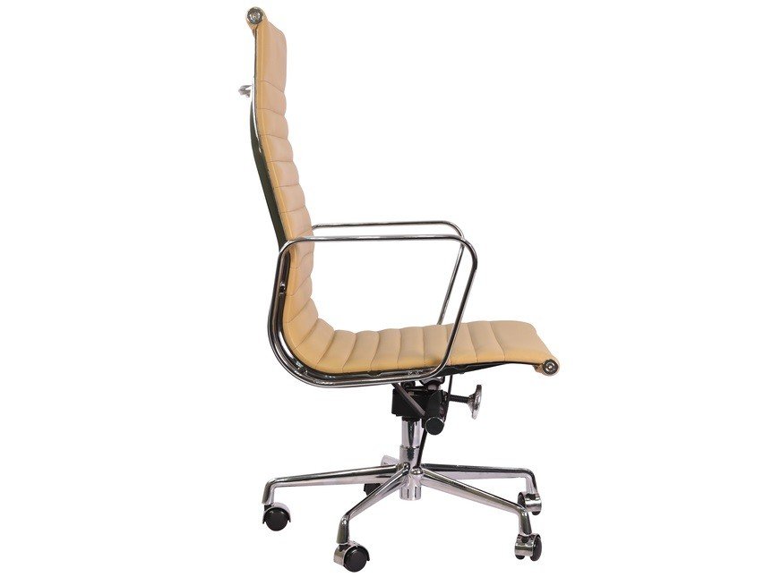 High back ribbed office chair in camel at an angle, tall slim leather ribs on chrome.