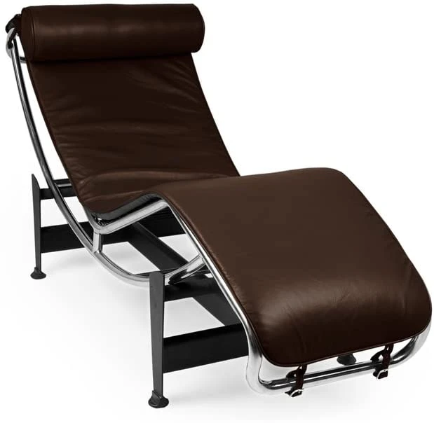 LC4 chaise lounge angle, chocolate brown leather cradle set low on the chrome bow for a relaxed angle.