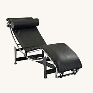 Le Corbusier LC4 chaise longue replica in black leather on a chrome bow frame, front view.
