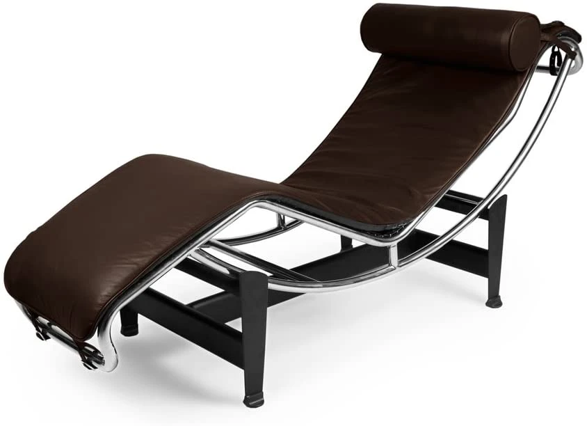 Le Corbusier style chaise lounge chair seen from the side, showing the curved brown leather cradle.
