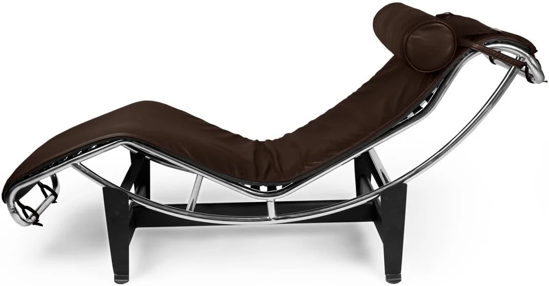 Chrome bow frame and matt black base of a Le Corbusier style lounge chair, detail view.