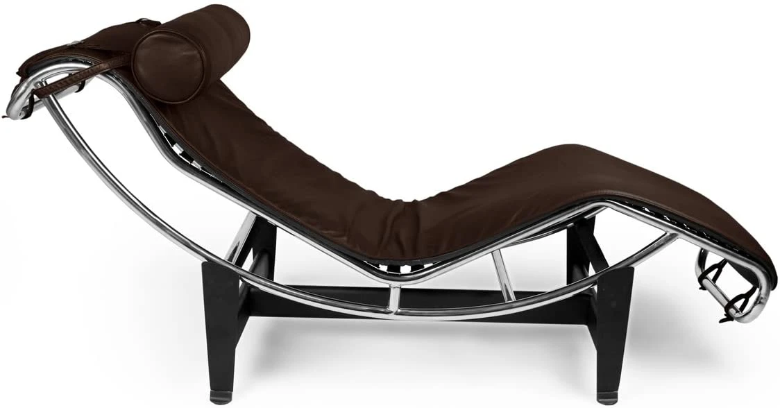 Chrome bow frame and matt black base of a Le Corbusier style lounge chair, detail view. 2