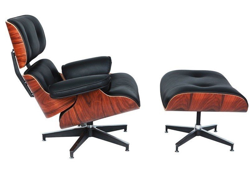 Natural rosewood Eames lounge chair seen from the side, unstained palisander shell reclined.